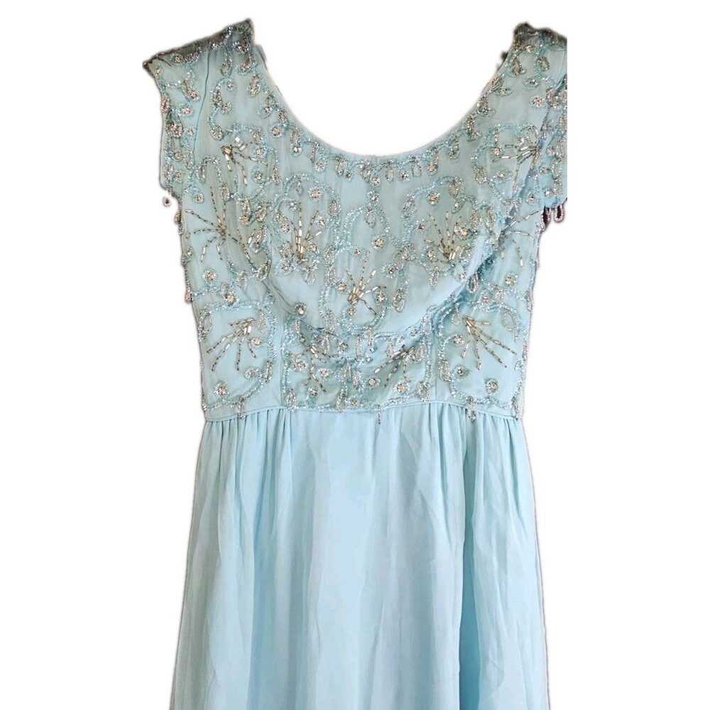 Vintage Lee Claire New York Aqua Beaded Chiffon Evening Gown w/ Back Sash - Picture 2 of 9